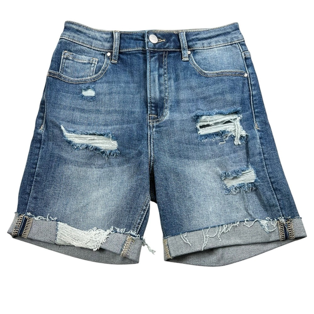 Risen‎ Womens Small Dark Wash Mid Rise Distressed 6" Inseam Cuffed Denim Shorts